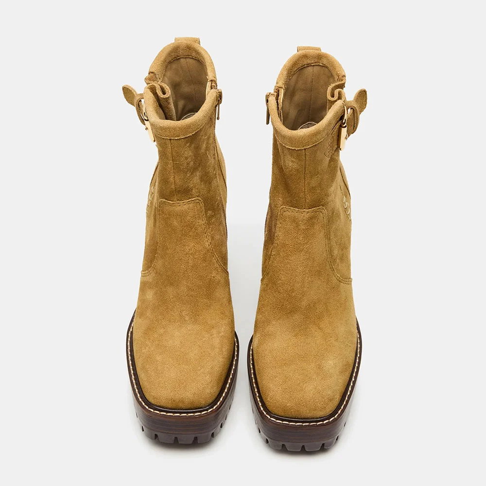 Brown Square Toe Buckle Platform Short Boots for Women with Zipper 