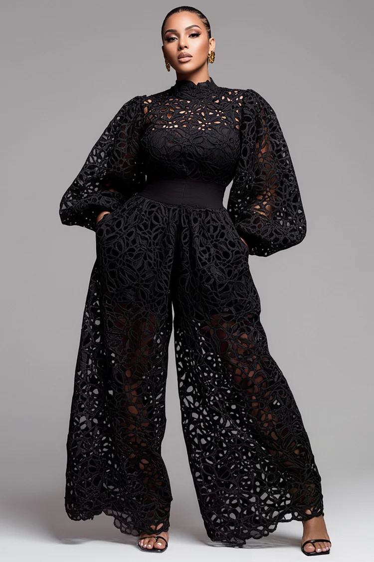 Xpluswear Design Plus Size Party Black Mock Neck Lantern Sleeve Long Sleeve See Through Pocket Jumpsuits 2024 - Xpluswear
