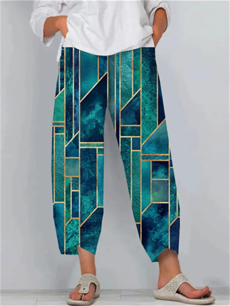 Blue Skies Geometric Art Cropped Casual Pants