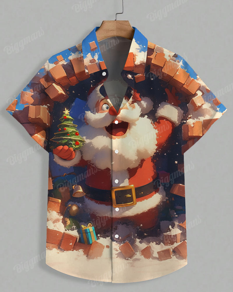 Men's Plus Size Santa Claus Holding Christmas Tree Cartoon Print Short Sleeve Shirt