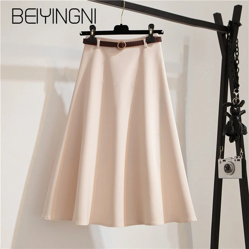 Beiyingni Summer Sashes A-line Skirts Women Solid Elegant Kpop Tutu Skirts Office Lady Umbrella Midi Skirt Vintage Faldas Mujer