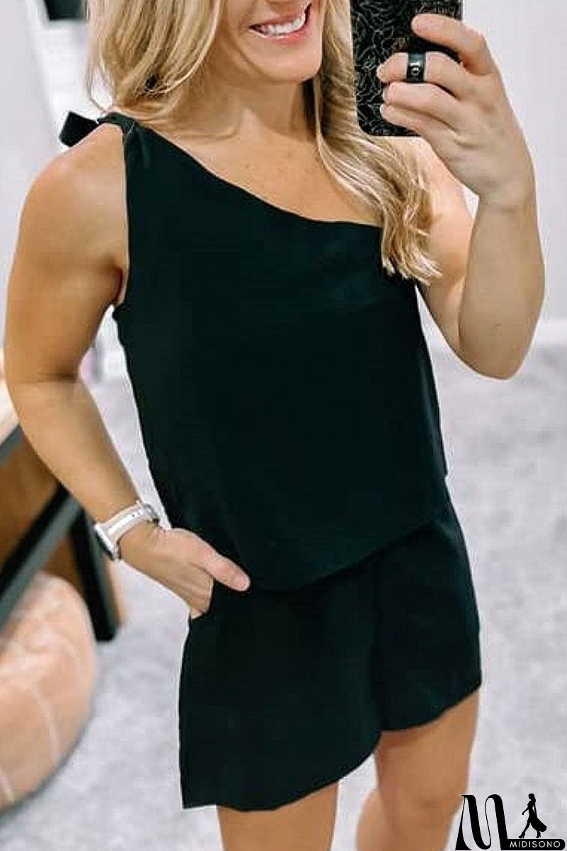 MidiSono - Casual Daily Solid Pocket Oblique Collar Sleeveless Two Pieces