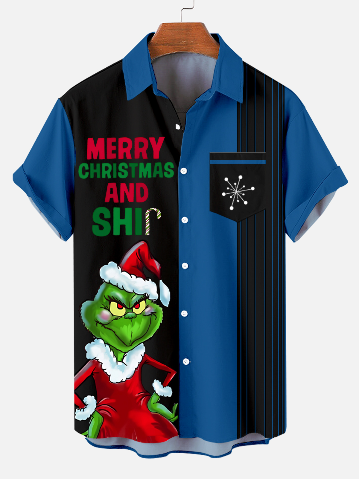 Men's Cartoon Christmas Green Furry Monster Contrast Color Short Sleeve Striped Shirt PLUSCLOTHESMAN