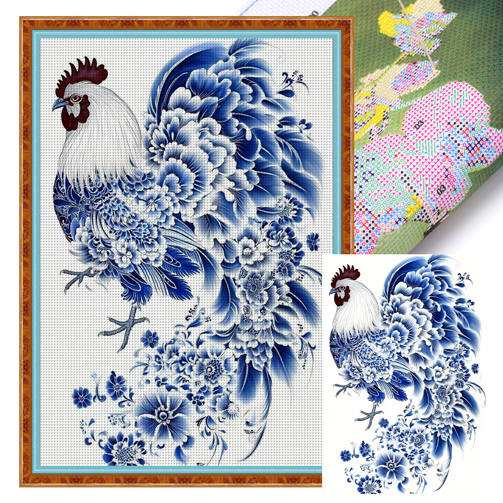 Blue And White Porcelain-Rooster Full 11CT Pre-stamped Canvas(40*60cm) Cross Stitch