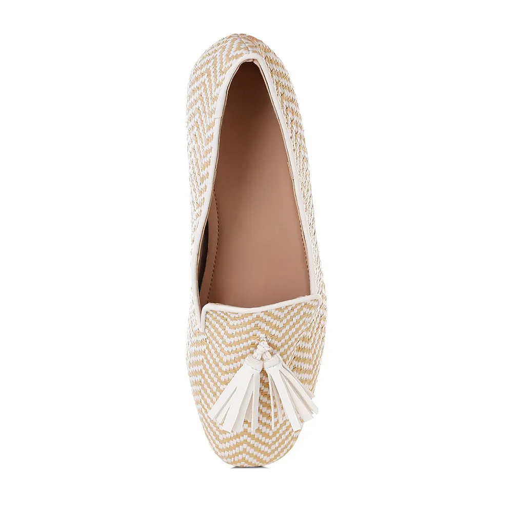 Beige and White Raffia Stripe Round Toe Tassel Loafer Flat Shoes Women