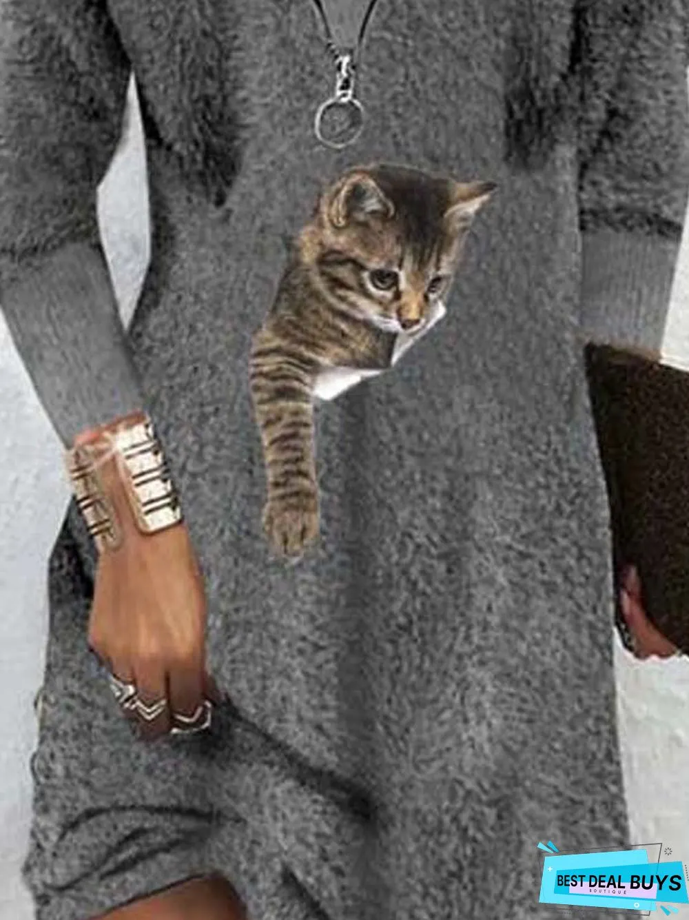 Jersey Cat Zipper Casual Dress