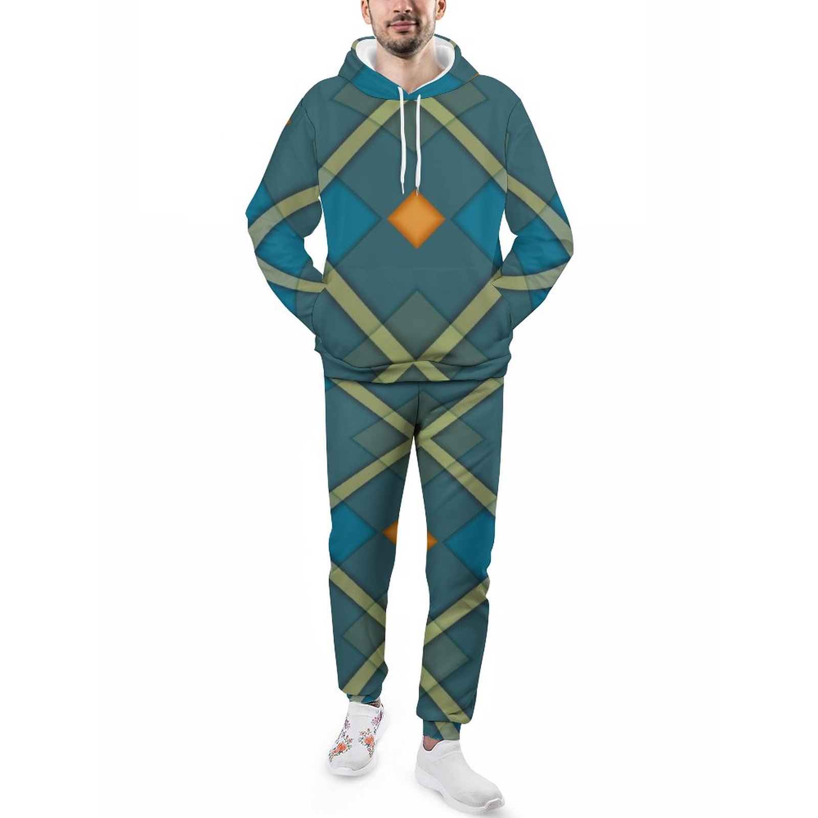 Blue Orange Geometric Mosaic Checkered Men's Sweatsuits Set Guys Loose Fall Winter Athletic Pullover Sweatpants Suit Outfit