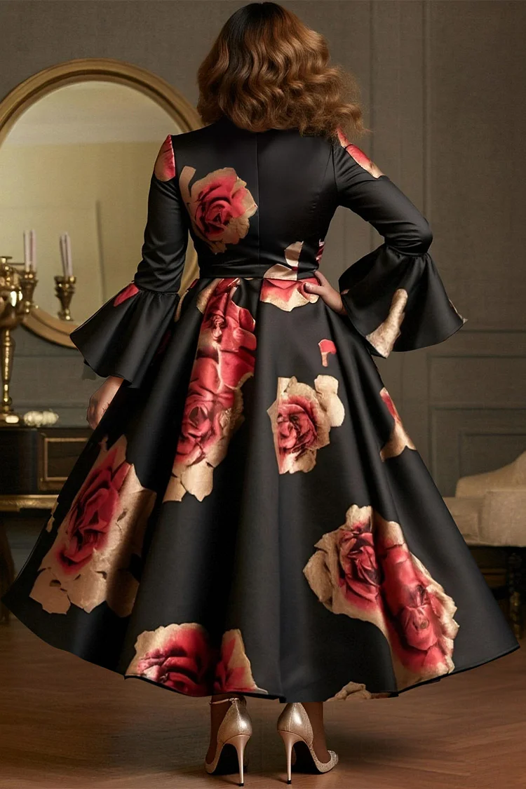 Xpluswear Design Plus Size Cocktail Party Black Floral V Neck Flare Long Sleeve Ruffle Elegant Satin Midi Dresses [Pre-Order]