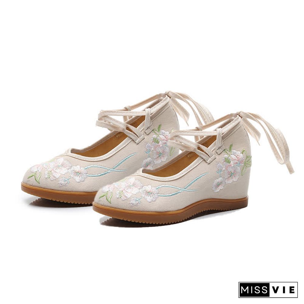 Vintage Blossom Embroidery Lace Up Flats Shoes