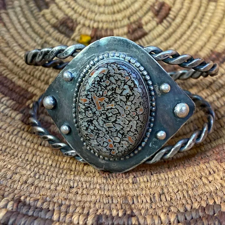 Old Navajo Cuff Bracelet set with Dinosaur Bone