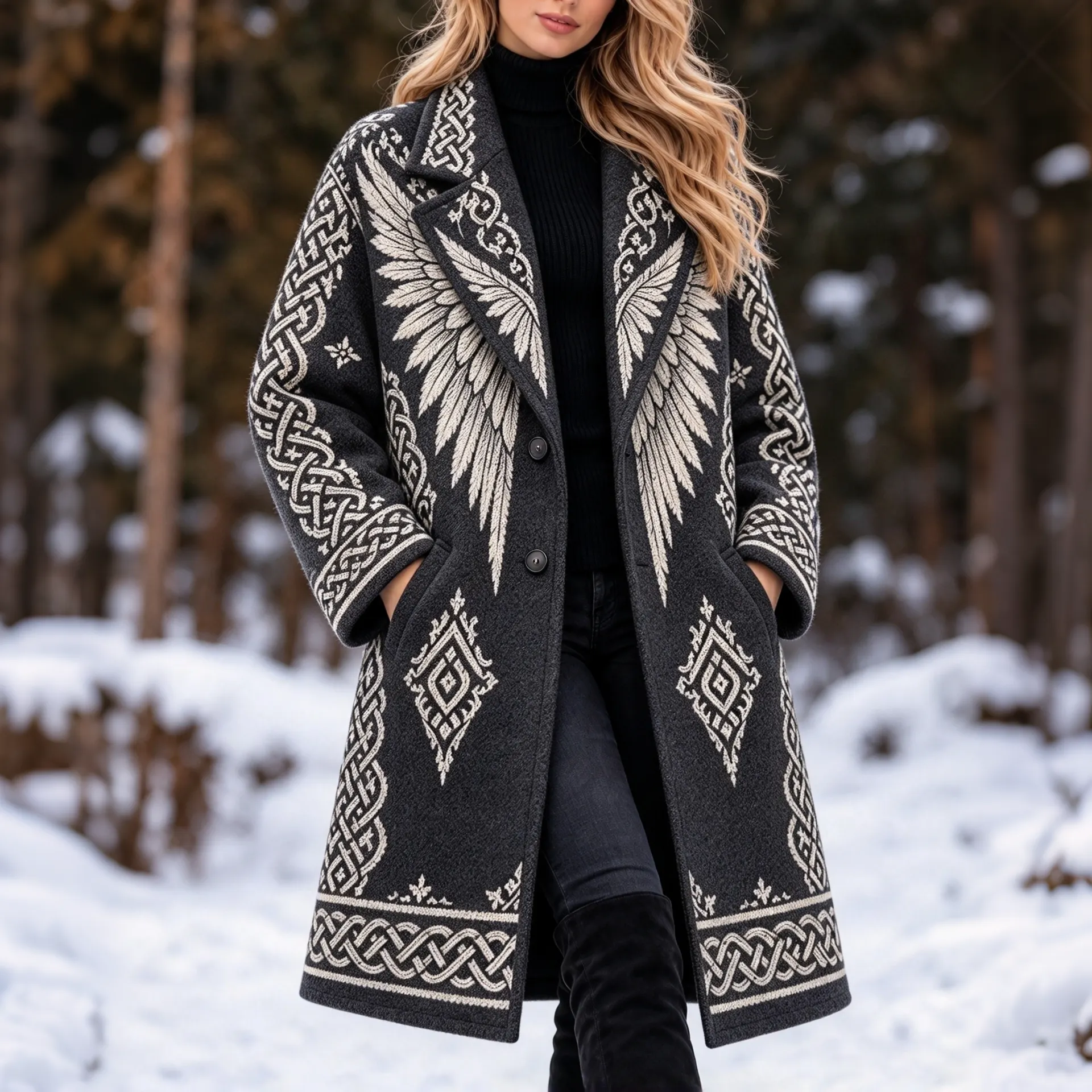 Comstylish Women's Vintage Wings Celtic Knot Art Mid-length Coat