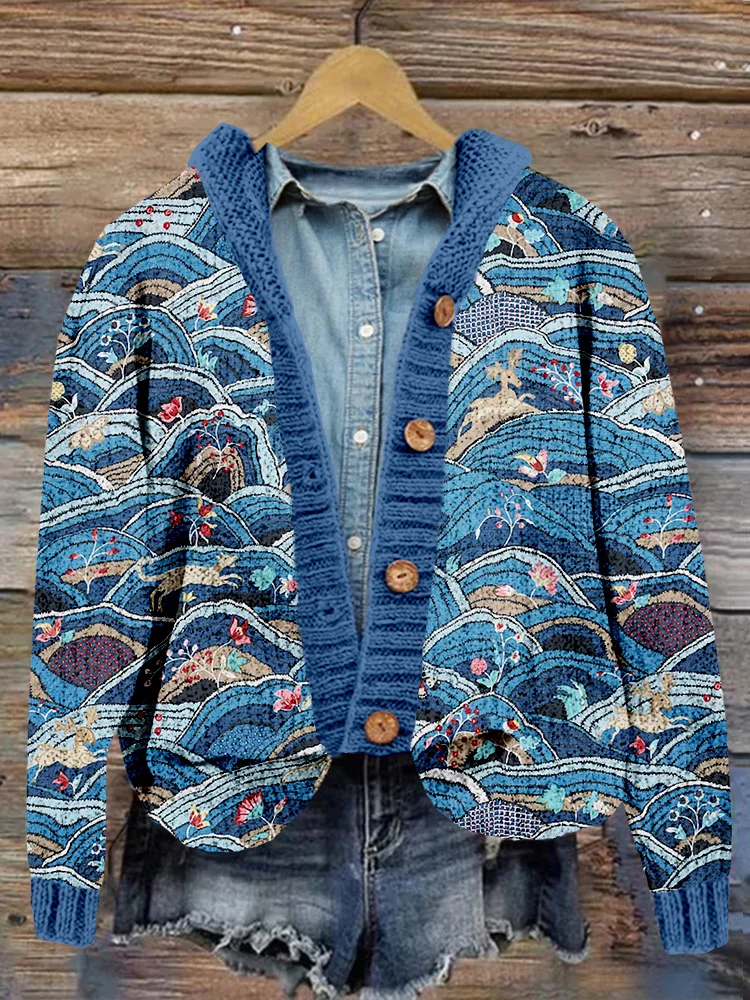 Rolling Hills Embroidery Art Cozy Hooded Cardigan