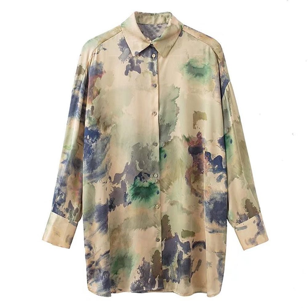 TRAF Women Fashion Soft Touch Printed Oversized Shirts Vintage Long Sleeve Front Covered Buttons Female Blouses Chic Tops