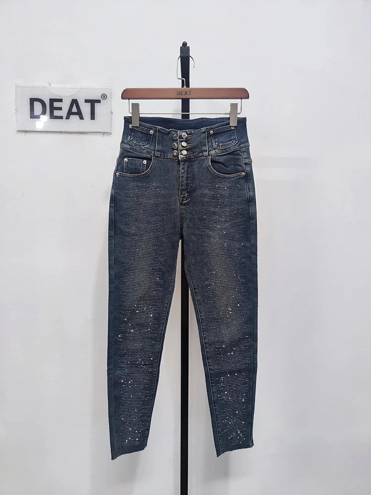 Toloer Women Denim Pencil Pants High Waist Slim Diamond Buttons Stretch Ankle-Length Fleece Jeans 2024 Summer New Fashion 29L5160