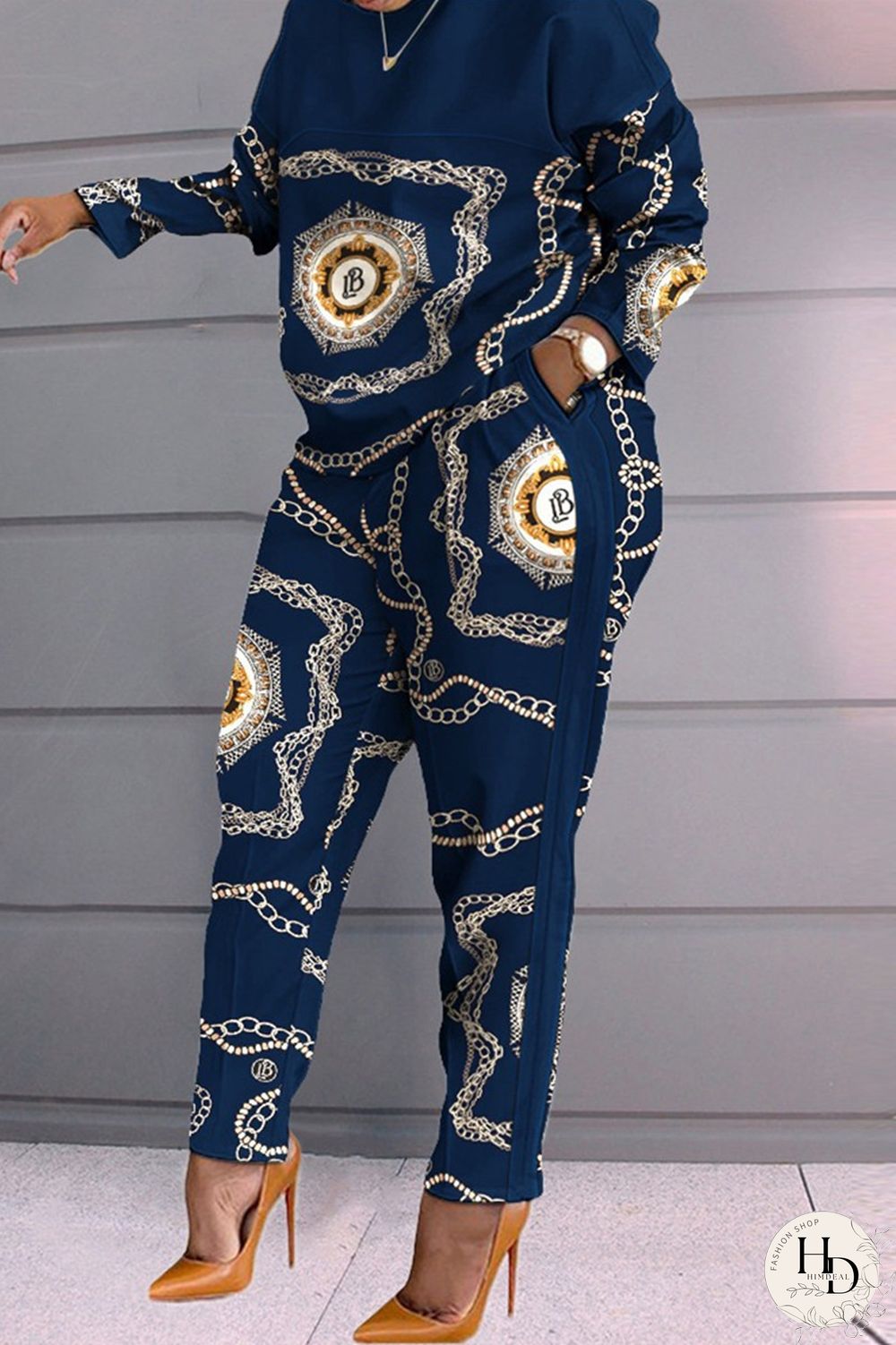 Blue Fashion Casual Print Patchwork O Neck Long Sleeve Two Pieces