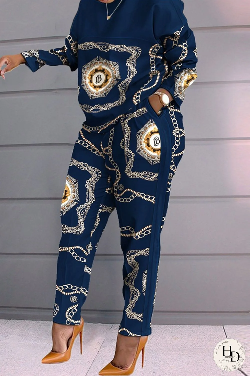 Blue Fashion Casual Print Patchwork O Neck Long Sleeve Two Pieces