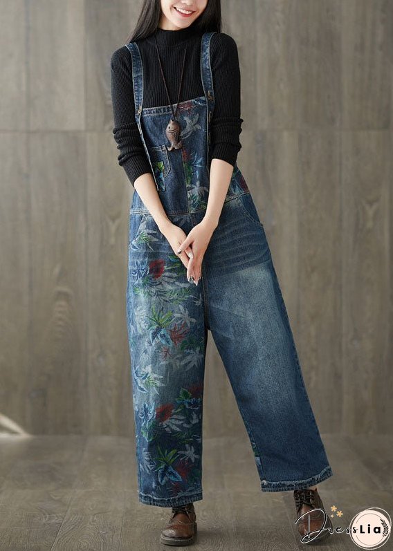 Style Navy Patchwork Print Denim Wide Leg Jumpsuit Spring