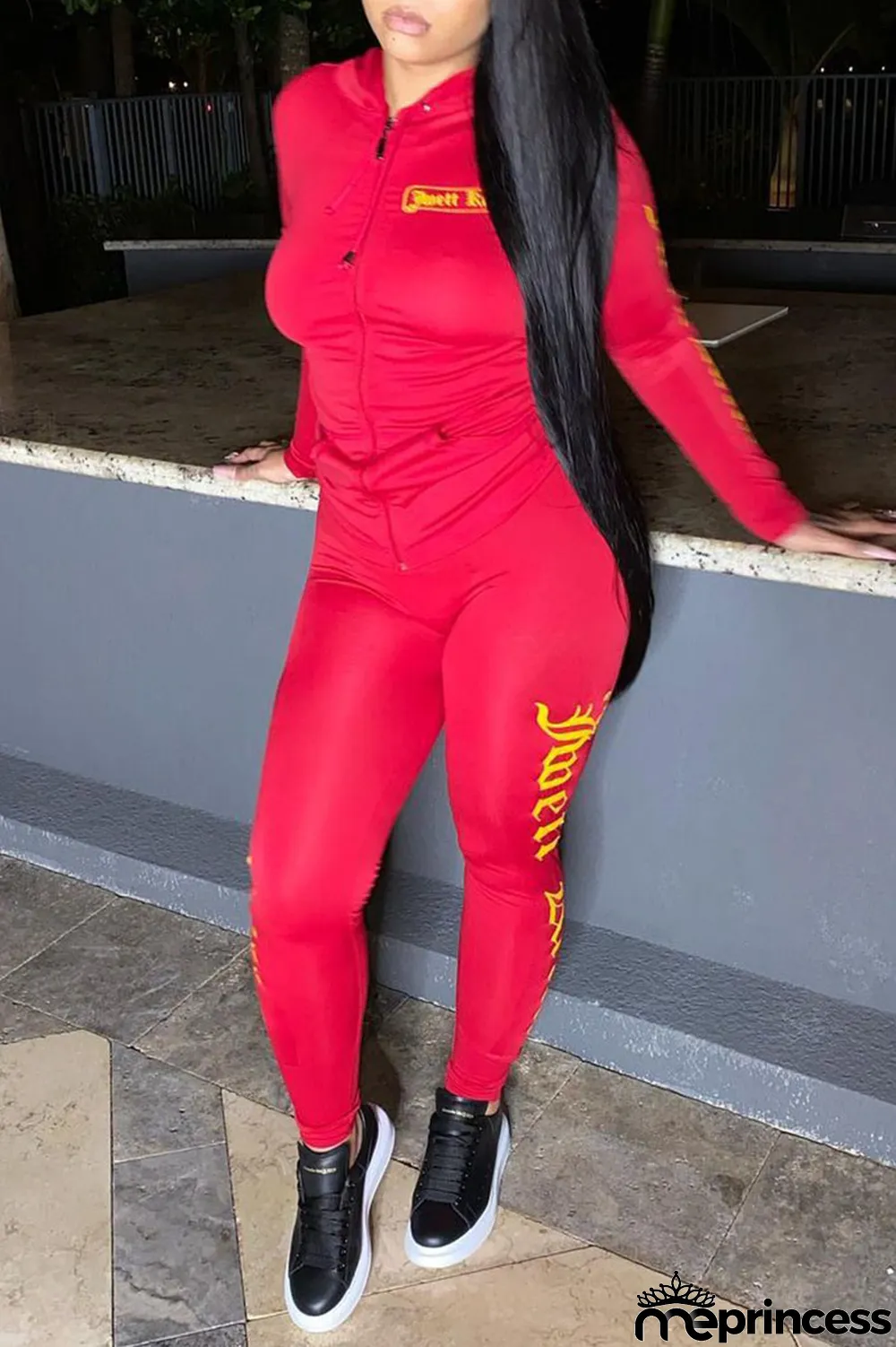 Red Fashion Sportswear Print Split Joint Hooded Collar Long Sleeve Two Pieces