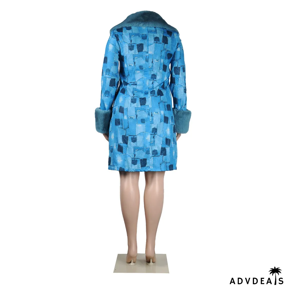 Plus Size Sexy Casual Printed Coat With Detachable Fur Collar