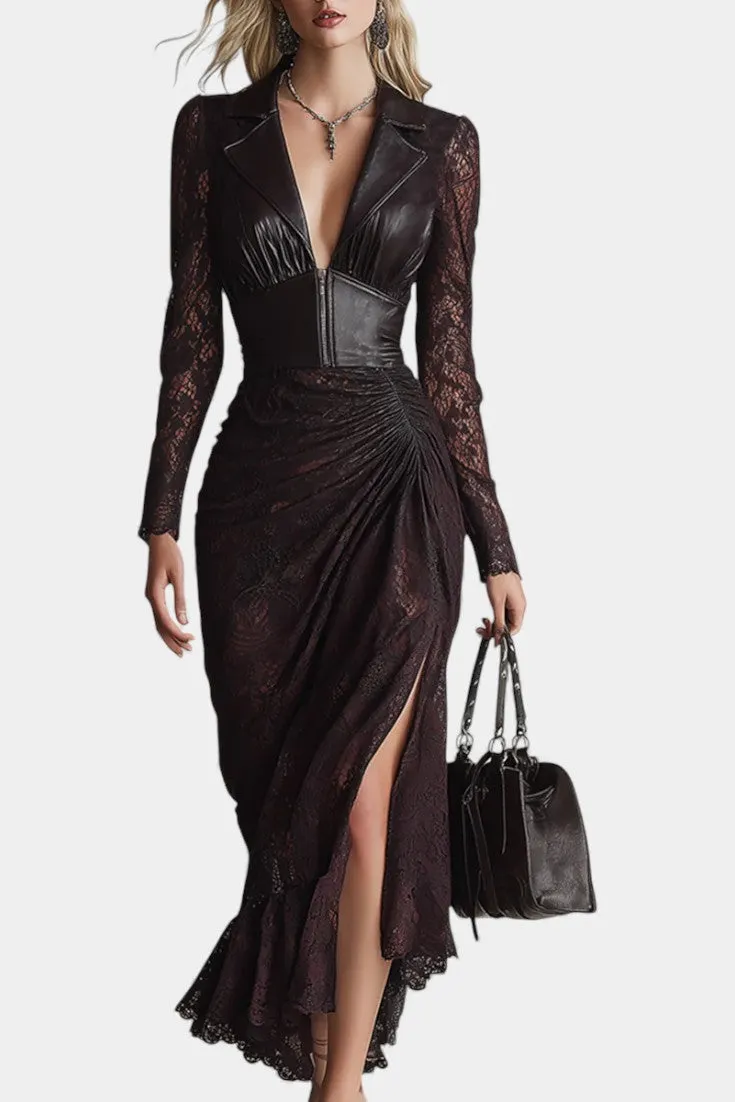 Deep V-Neck Faux Leather & Lace Maxi Dress