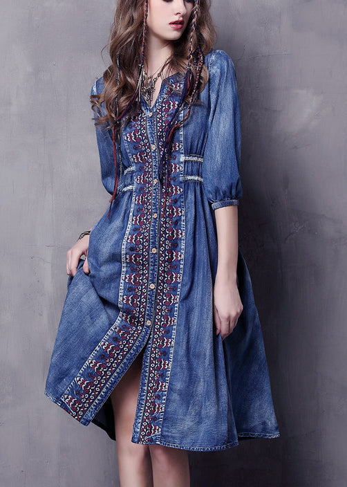 VCSHOES Blue V Neck Embroideried Cotton Vacation Denim Dresses Half Sleeve
