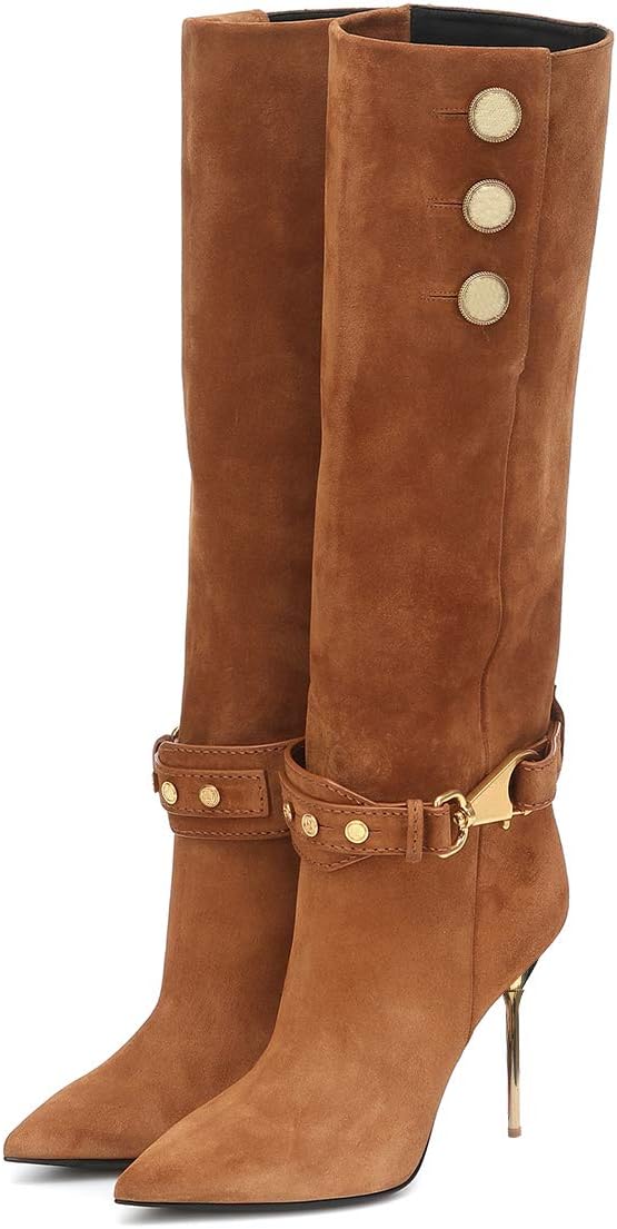 VCSHOES Women Stacked Knee High Long Boots Pointed Toe Stiletto High Metal Heels Shoes With Buttons Size 4-15 US