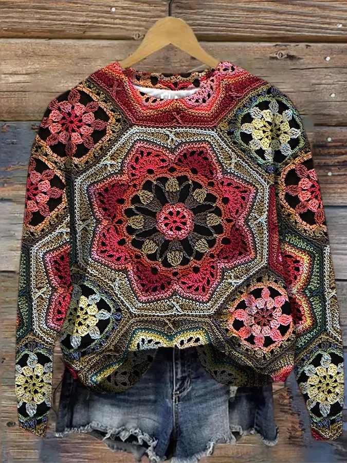 Women's Crochet Art Flower Pattern Print Crew Neck Sweatshirt