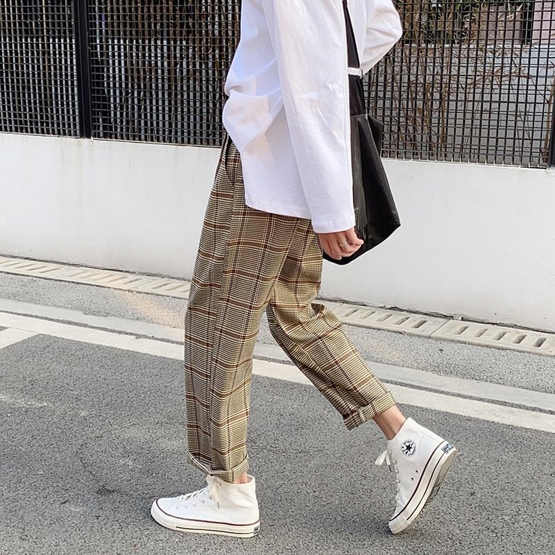 Woherb Korean Men Plaid Pants Vintage Ankle length Straight Trousers Summer Thin Streetwear Fashion Loose Khaki Checkered Bottoms
