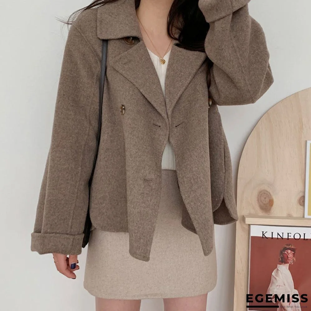 Autumn and Winter Temperament Large Lapel Pocket Double Breasted Loose Short Wool Coat | EGEMISS