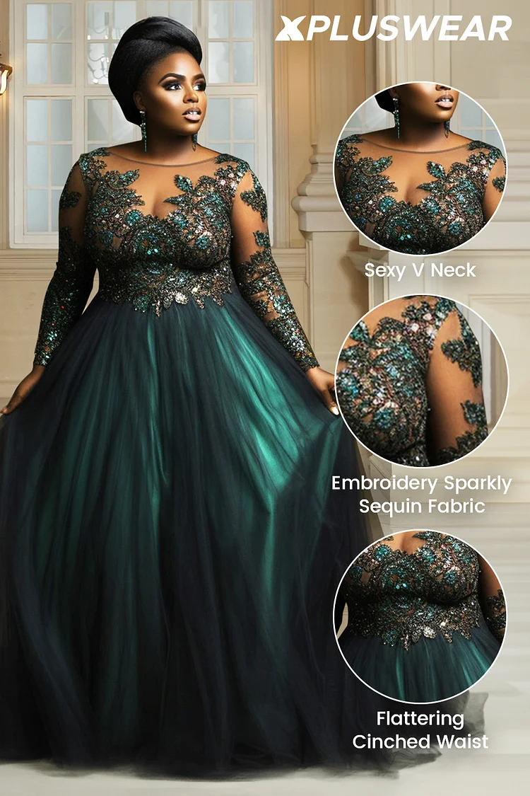 Xpluswear Design Plus Size Evening Gowns Green Long Sleeve Tulle Maxi Dresses [Pre-Order]
