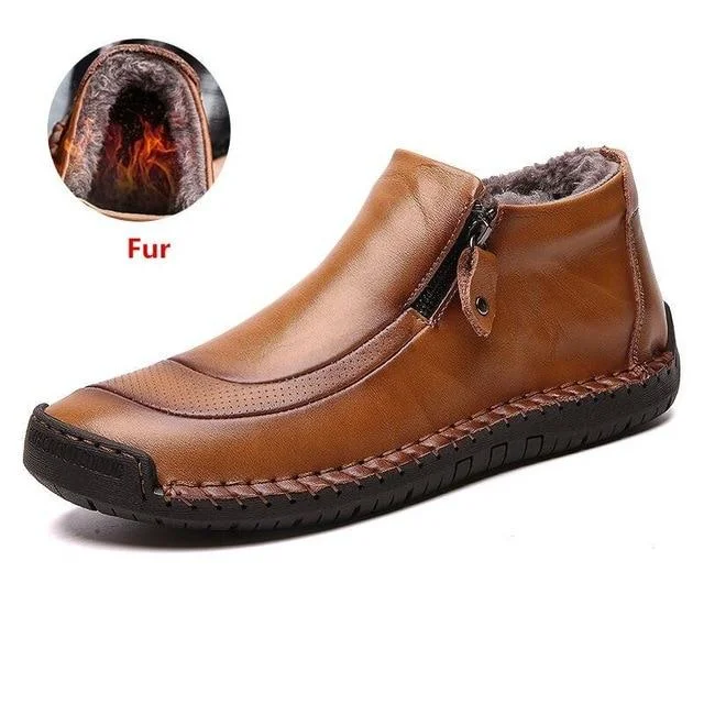 Men Boots Split Leather Ankle Snow Boots Warm Fur Men's Shoes Plush Winter Autumn Driving Shoes