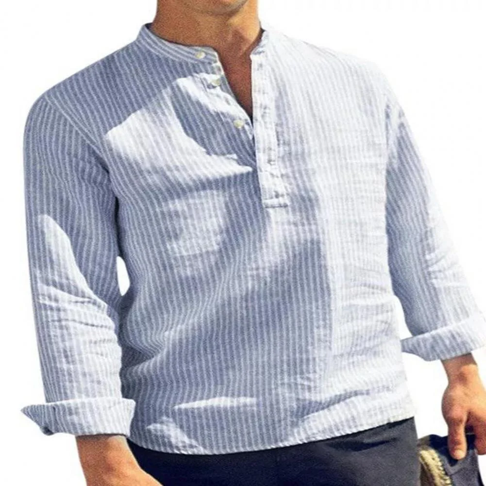 Aonga Summer Men Shirt Striped Stand Collar Long Sleeve Casual Shirts Single Breasted Plus Size Shirt Camisa Masculina Рубашка Мужская