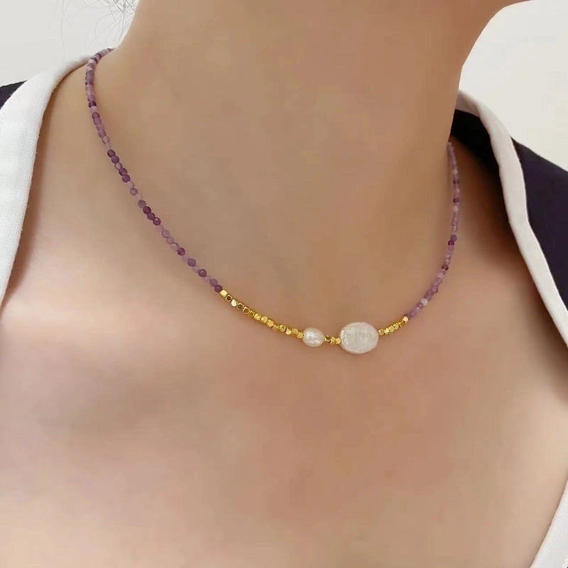 IG Style Geometric Natural Stone Pearl Black Gallstone Beaded Chain Necklace In Bulk