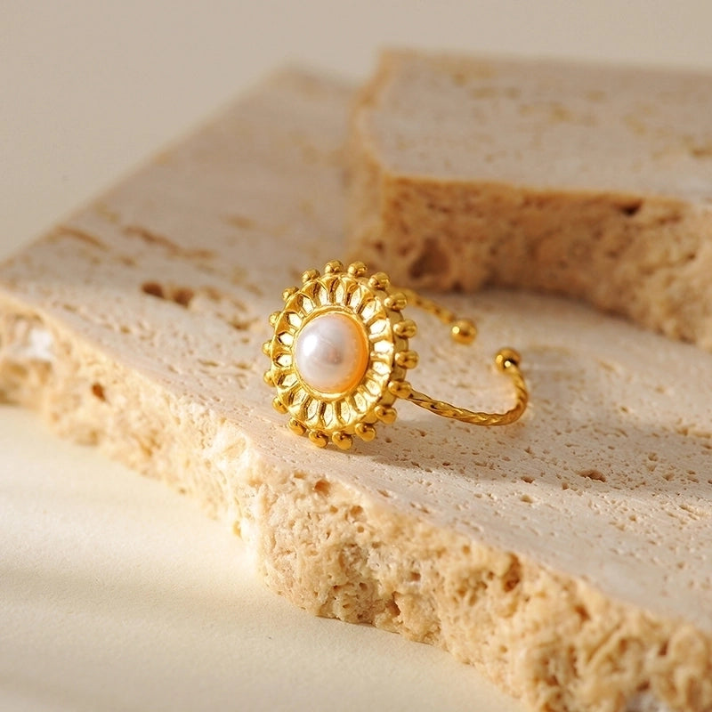 Beach Round Starfish 304 Stainless Steel Pearl 18K Gold Plated Plating Inlay Open Rings