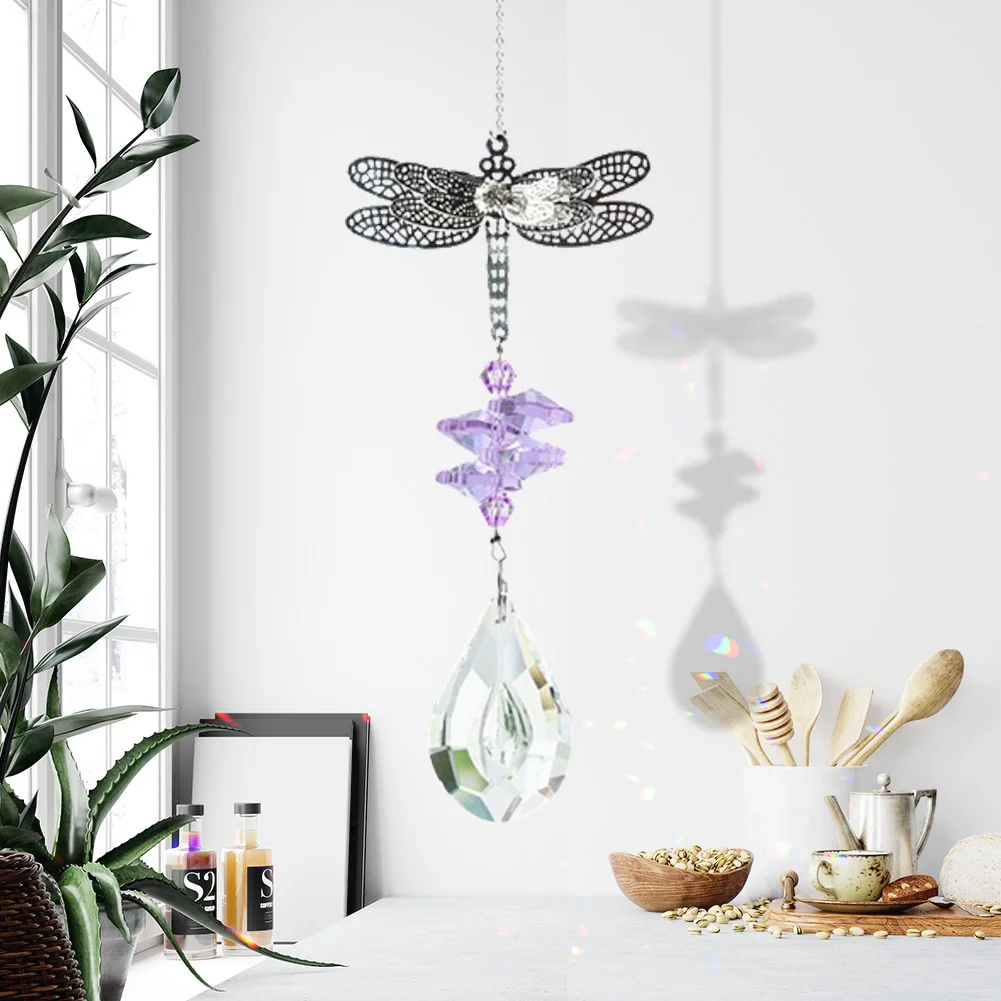 DIY Dragonfly Window Hanging Crystal Garland Suncatcher Pendant (Purple)