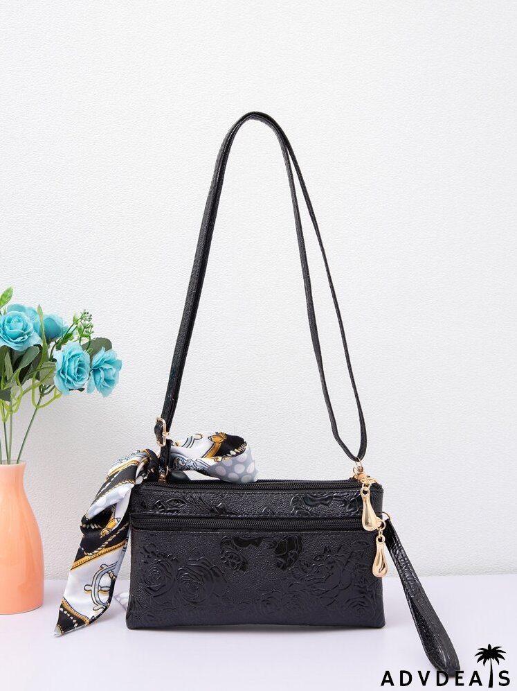 Embossed Detail Twilly Scarf Decor Crossbody Bag