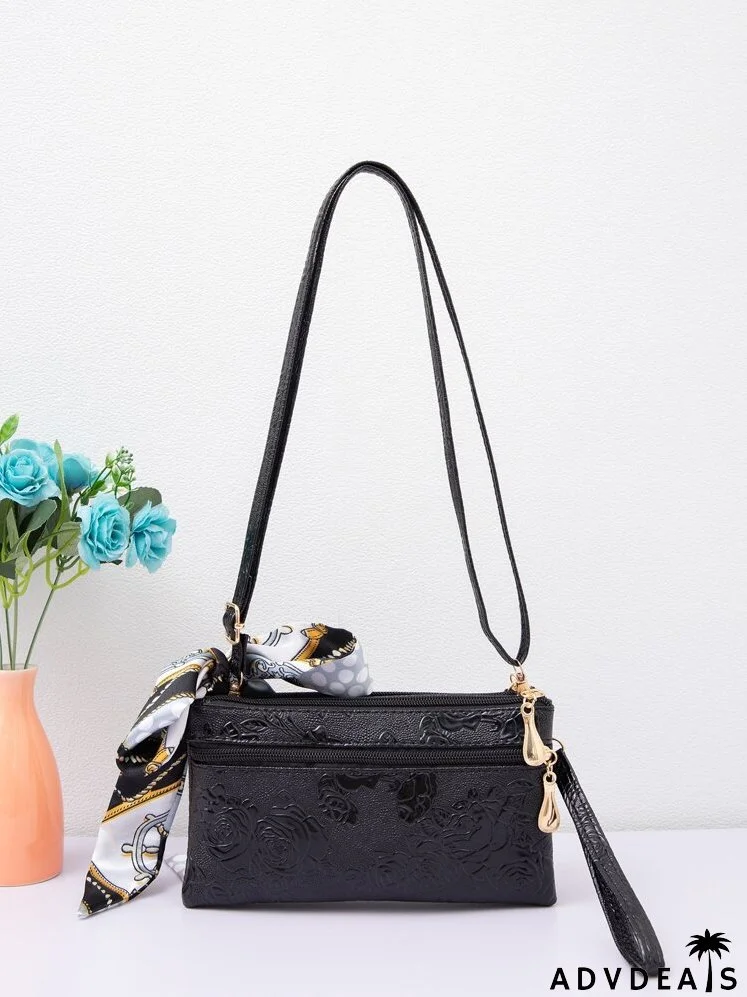 Embossed Detail Twilly Scarf Decor Crossbody Bag