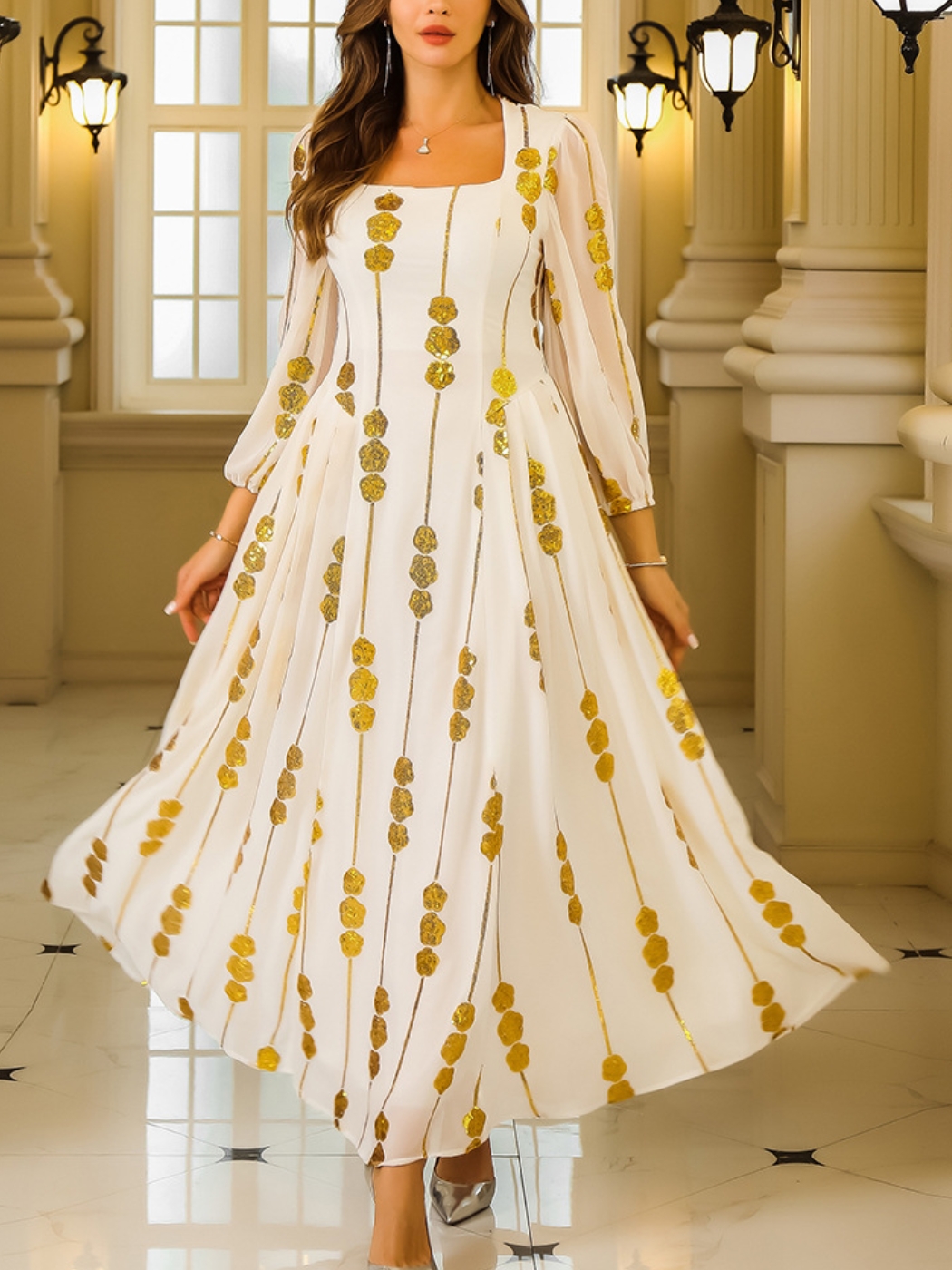 Elegant Square Neck Sequined Belted Dress | Oxredo Shop Ramadan Sale