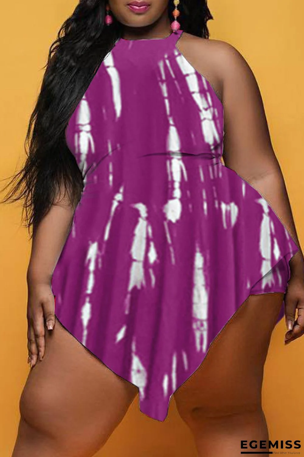 Purple Fashion Casual Print Asymmetrical O Neck Plus Size Romper | EGEMISS