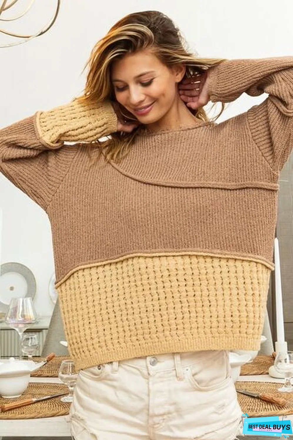 BiBi Texture Detail Contrast Drop Shoulder Sweater