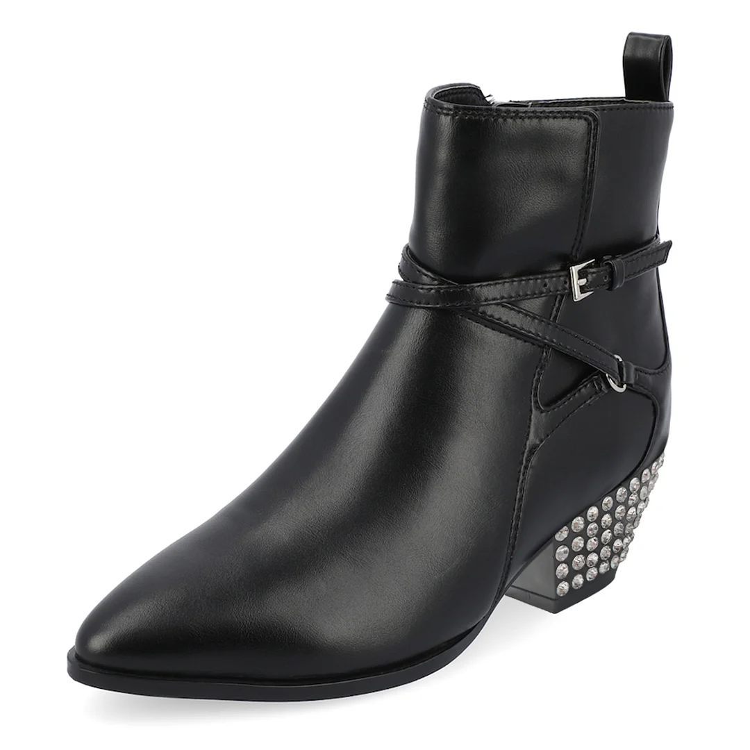 Vegan Leather Pointed Side-Zip Decorative Heel Black Ankle Boots