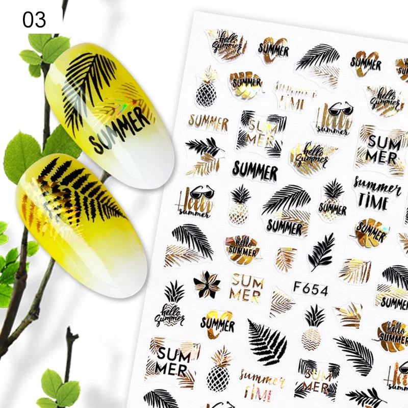 Summer Design 3D Stickers For Nails iridescent Black Gold Flower Leaf Series Decorations Sliders Nail Art Sticker Decals