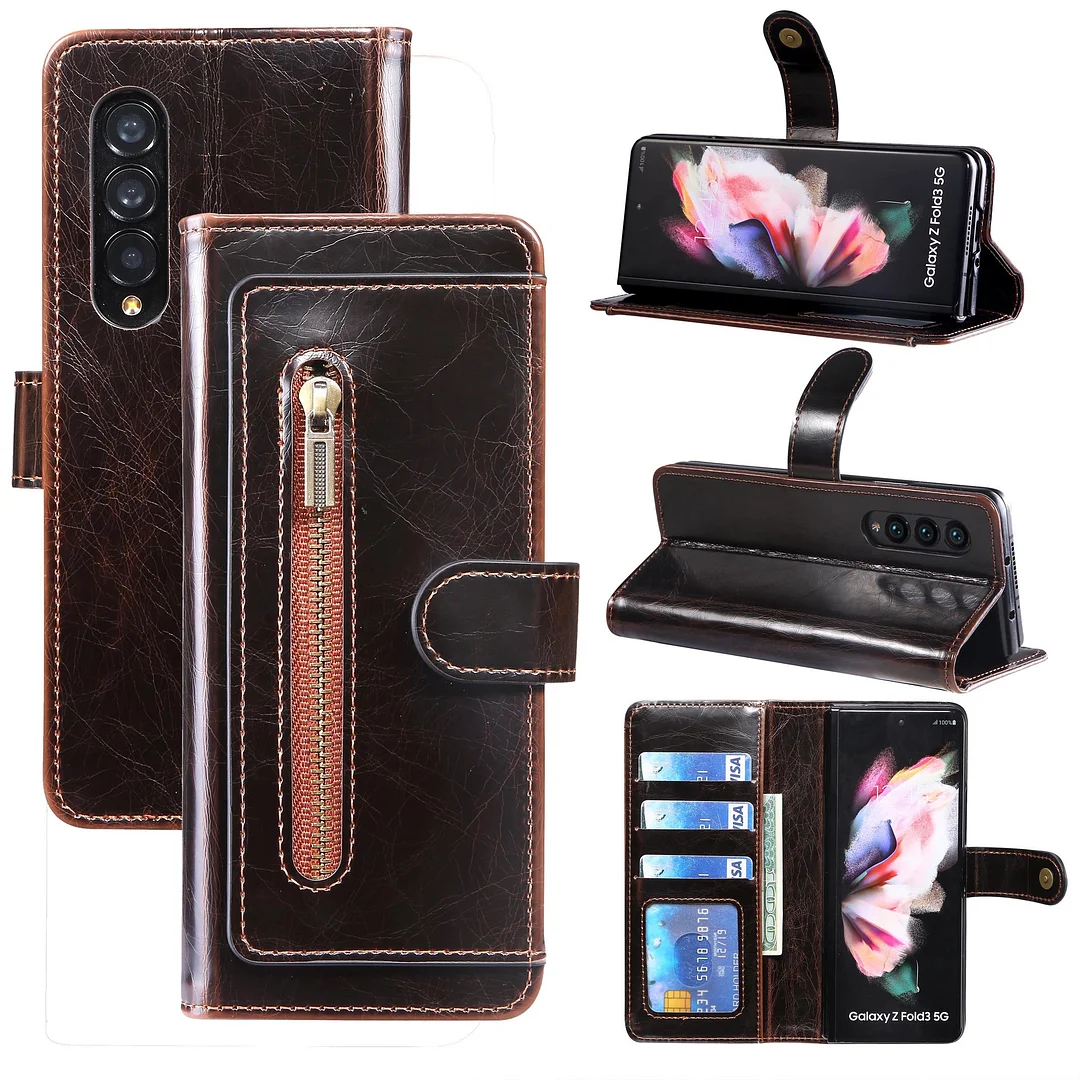 Luxury Retro Leather Wallet Phone Case With 3 Cards Slot,Zipper Slot,Kickstand For Galaxy Z Fold3/Fold4