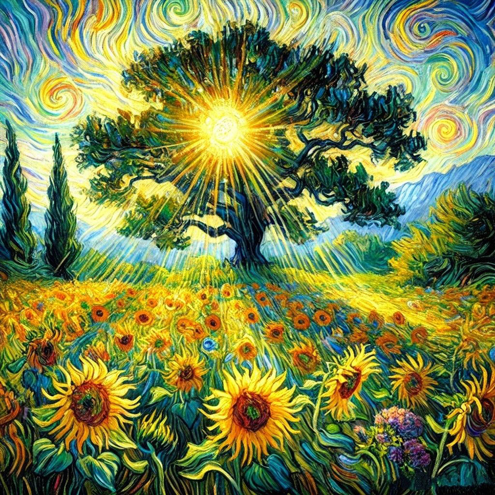 Landscape Painting Tree Of Life Sunflower Field 40*40cm(canvas) full round drill diamond painting