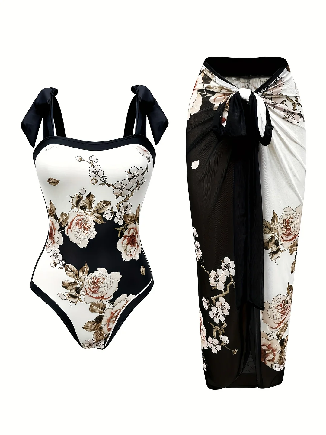 Women's Sunscreen Suit Set, Tankini Beach Wear Two-Piece Set, Black And White Rose Print Skirt, Soaking In Hot Spring Swimsuit | IFYHOME
