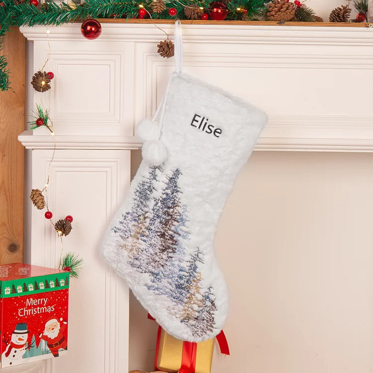 Adornos de medias navideñas blancas con dibujo Bolsa de regalo 1 Nombre personalizado