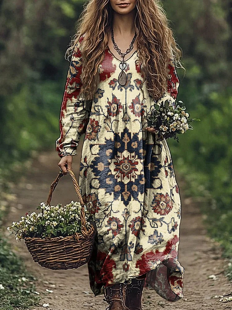 Women's Vintage Lovely Floral Art Print Pocket Cotton Dress