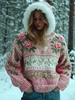 Women's Bohemian Style Pink Rose Art Warm Hooded Knitted Sweater