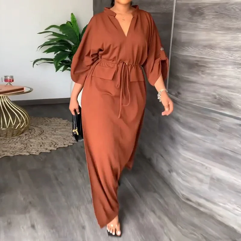 Brownm Brownm New Women's Wear Temperament V Tie With Waist Loose Casual Plus Size Winter Dress