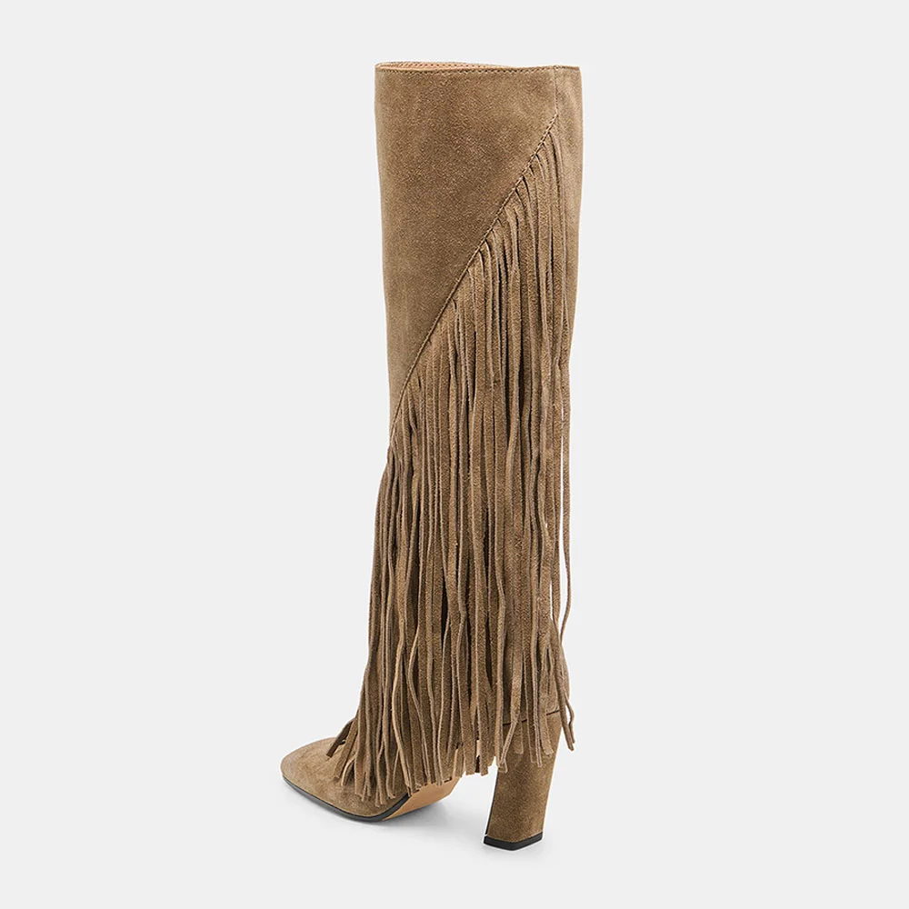 Olive Vegan Suede Square Toe Fringe Side Zipper Tall Boots for Women
